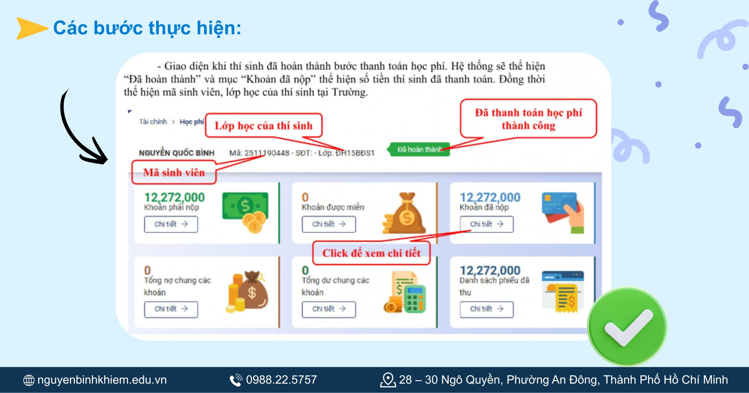 Giao diện hoàn thành bước thanh toán học phí
