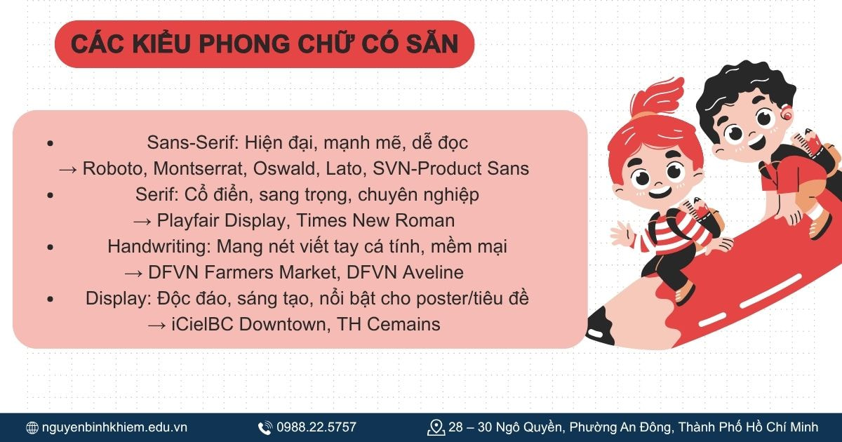Các kiểu phông chữ có sẵn