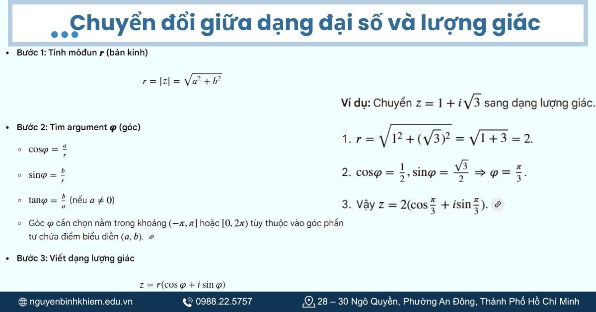 Chuyển đổi giữa dạng đại số và lượng giác