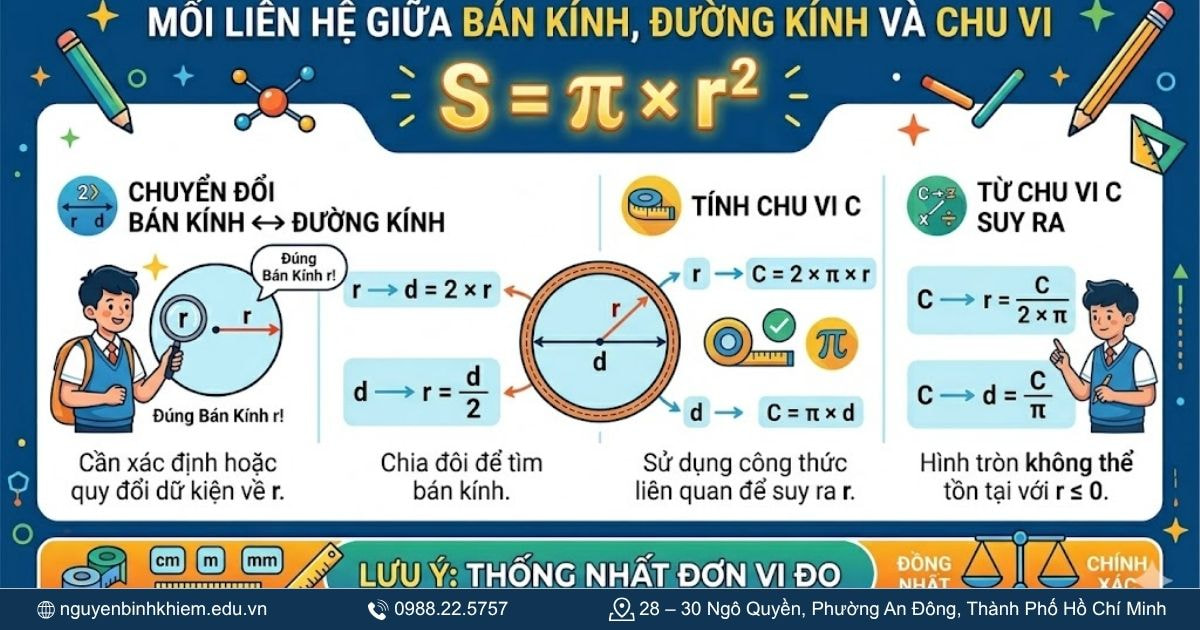 Mối liên hệ giữa bán kính, đường kính và chu vi.