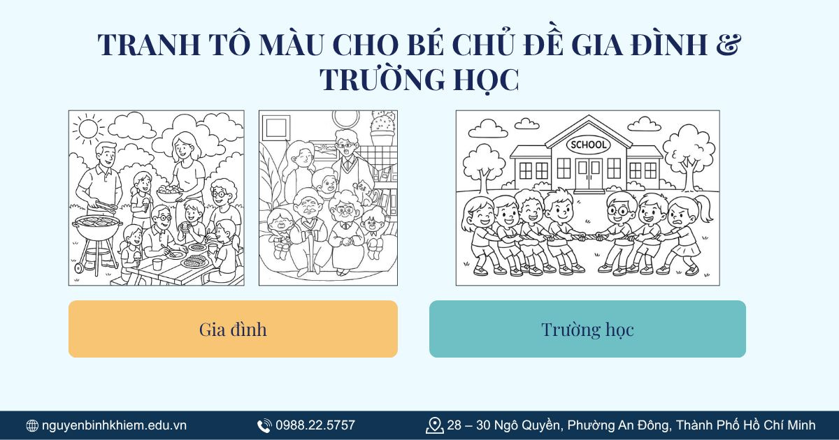 Tranh tô màu cho bé chủ đề gia đình & trường học