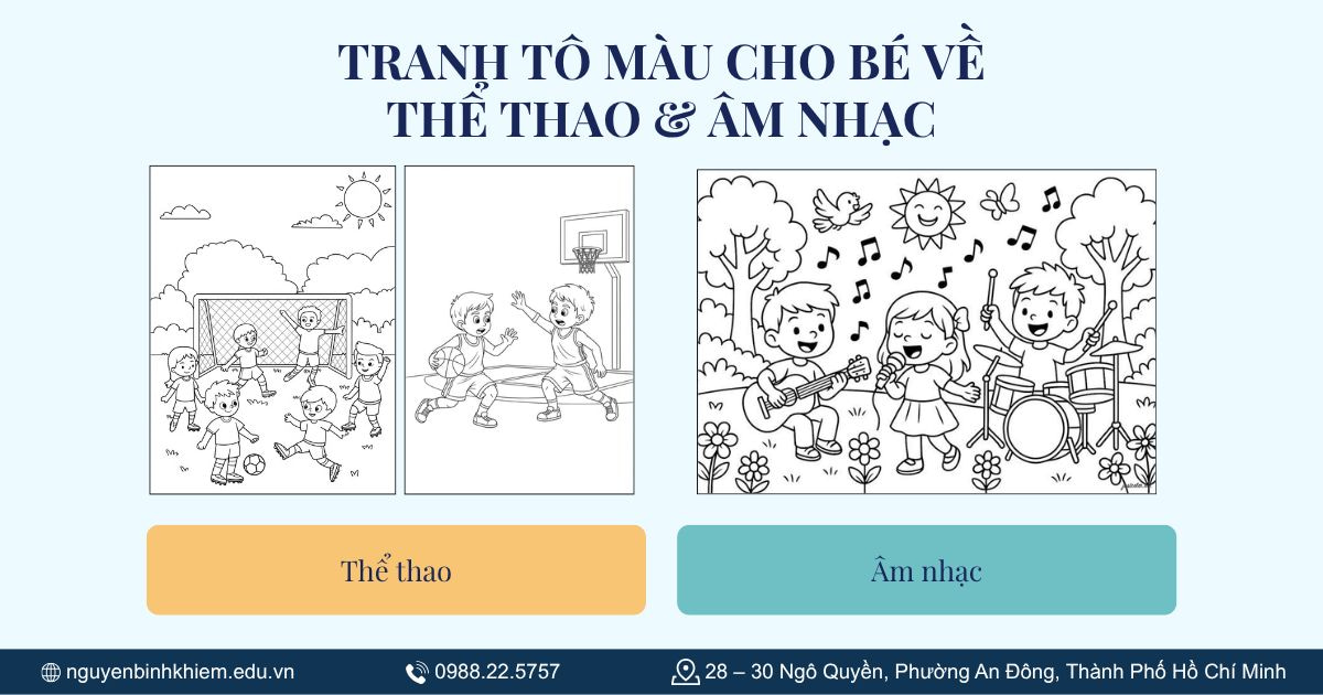Tranh tô màu cho bé về thể thao & âm nhạc