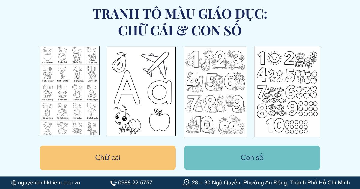 Tranh tô màu giáo dục: chữ cái & con số