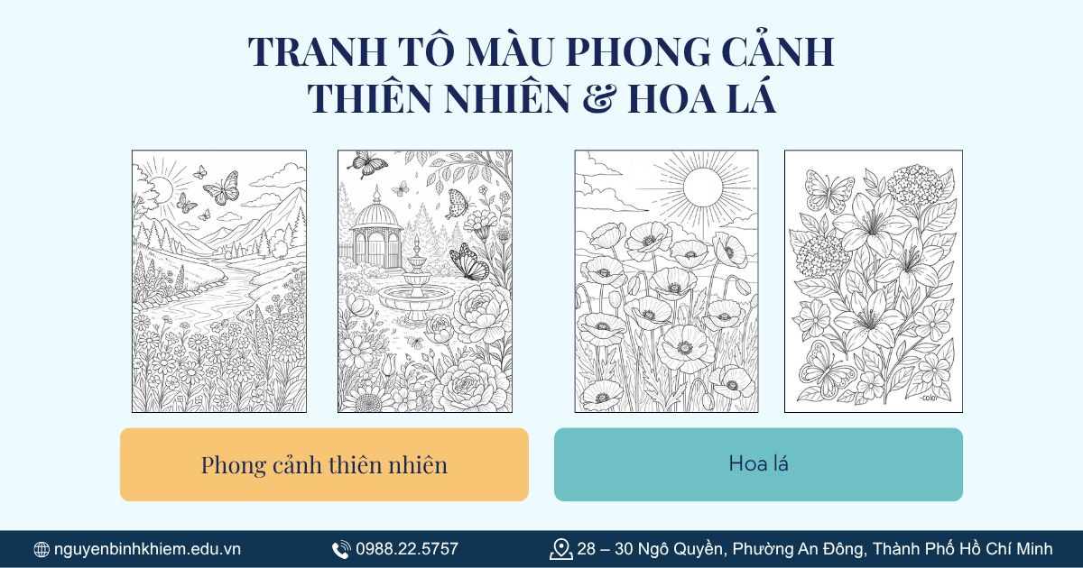 Tranh tô màu phong cảnh thiên nhiên & hoa lá